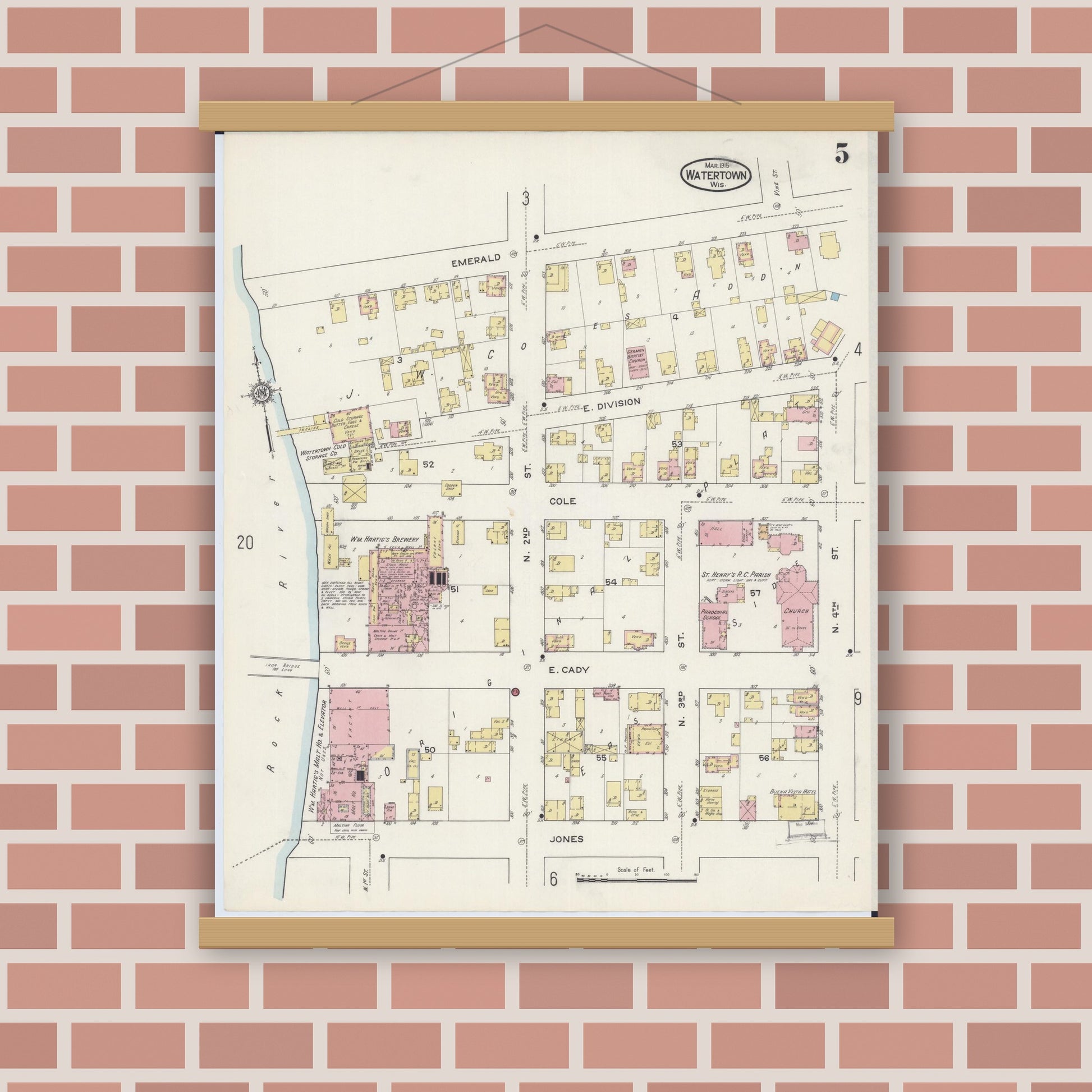Old map wall art mockup — magnetic wood frame on brick wall — Sanborn Fire Insurance Map from Watertown, Jefferson County, Wisconsin (1915), Sheet #0006