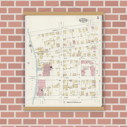 Old map wall art mockup — magnetic wood frame on brick wall — Sanborn Fire Insurance Map from Watertown, Jefferson County, Wisconsin (1915), Sheet #0006
