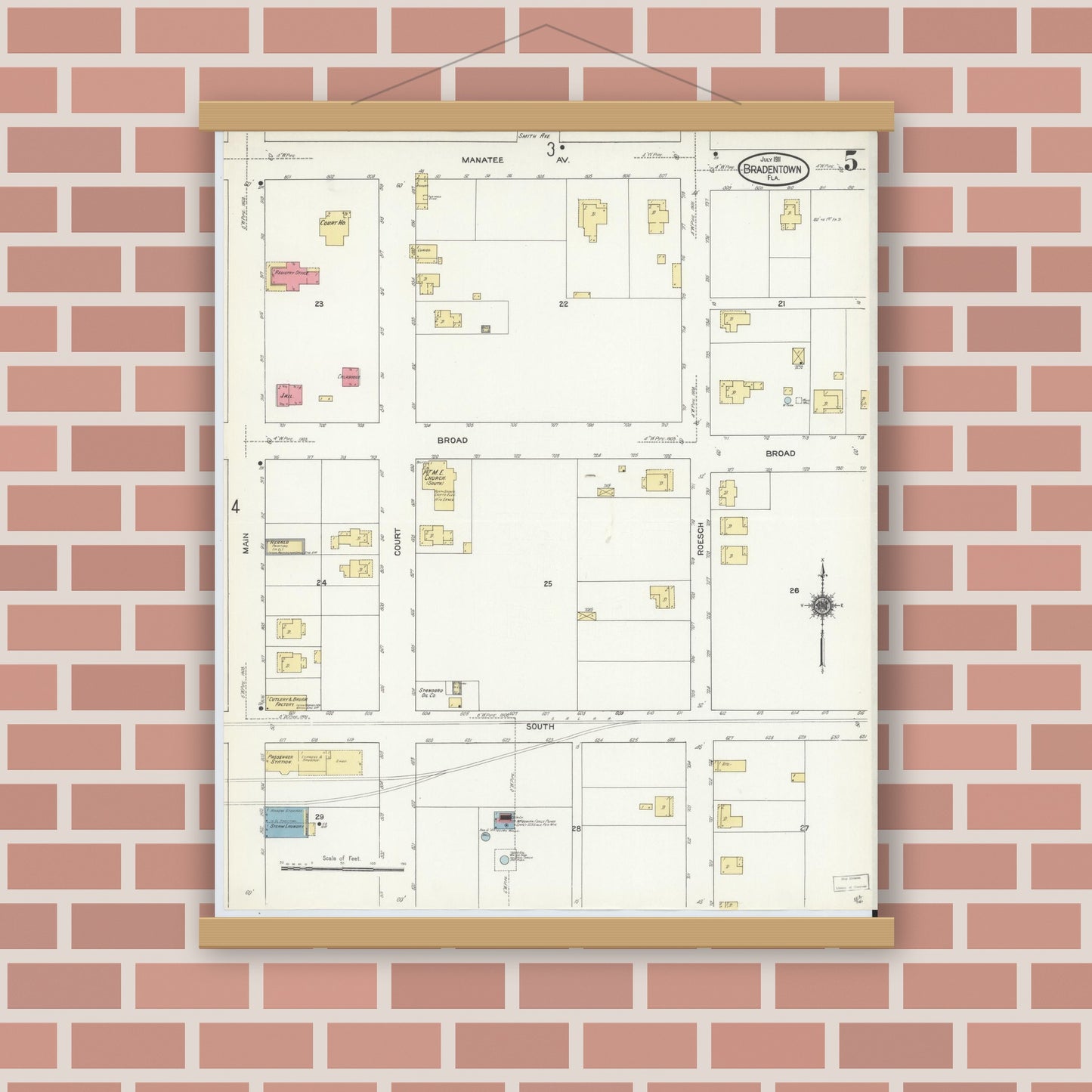 Old map wall art mockup — magnetic wood frame on brick wall — Sanborn Fire Insurance Map from Bradentown, Manatee County, Florida (1911), Sheet #0005
