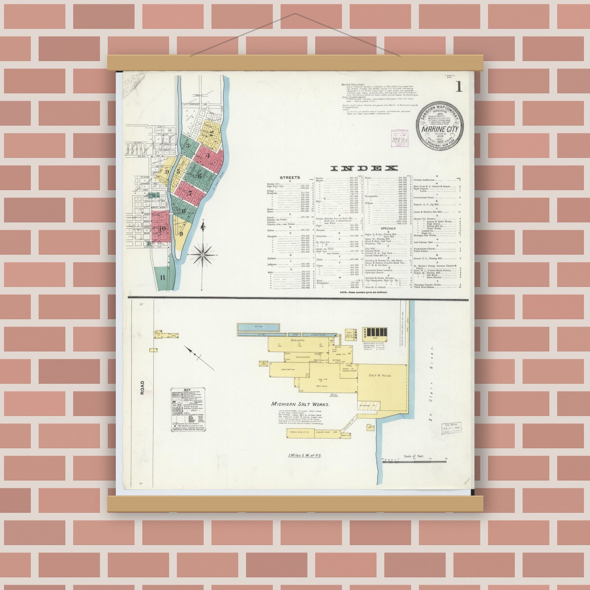 Old map wall art mockup — magnetic wood frame on brick wall — Sanborn Fire Insurance Map from Marine City, Saint Clair County, Michigan (1907) - Complete Map Set