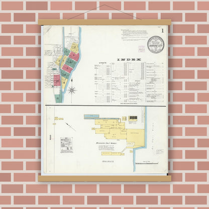 Old map wall art mockup — magnetic wood frame on brick wall — Sanborn Fire Insurance Map from Marine City, Saint Clair County, Michigan (1907) - Complete Map Set