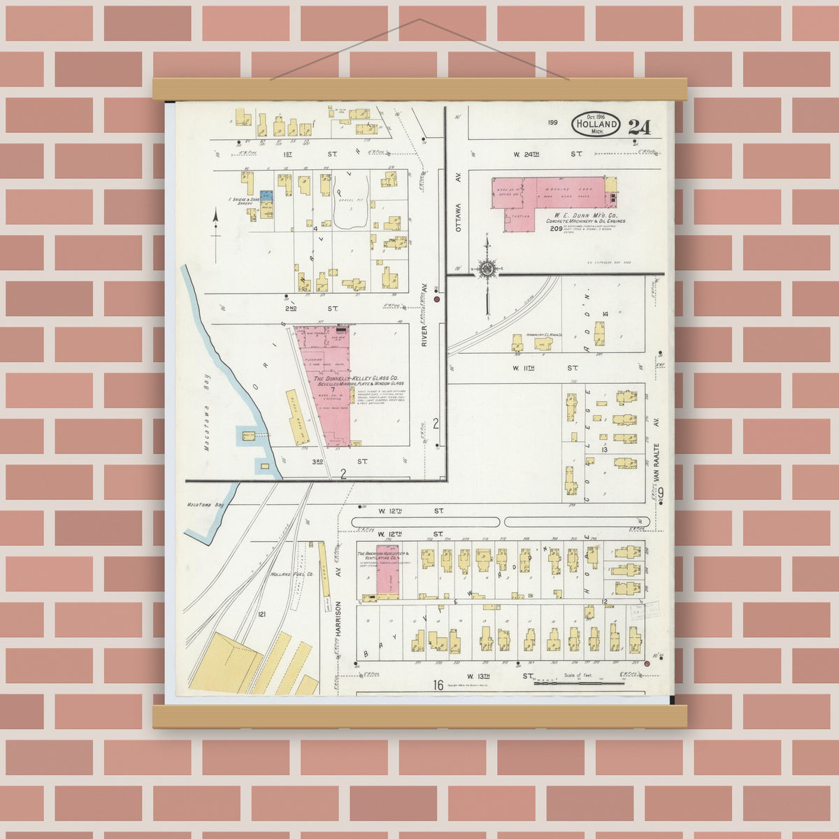Old map wall art mockup — magnetic wood frame on brick wall — Sanborn Fire Insurance Map from Holland, Ottawa County, Michigan (1916), Sheet #0024