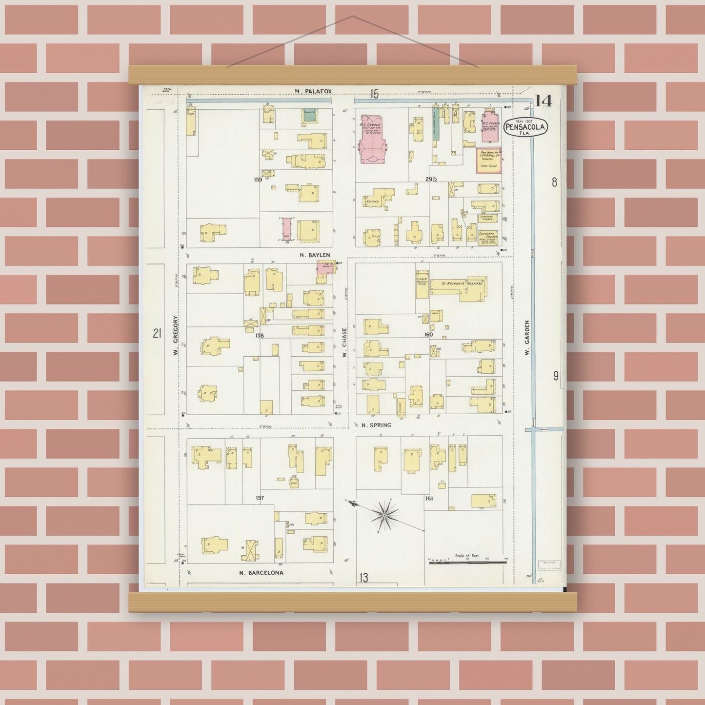 Old map wall art mockup — magnetic wood frame on brick wall — Sanborn Fire Insurance Map from Pensacola, Escambia County, Florida (1903), Sheet #0014