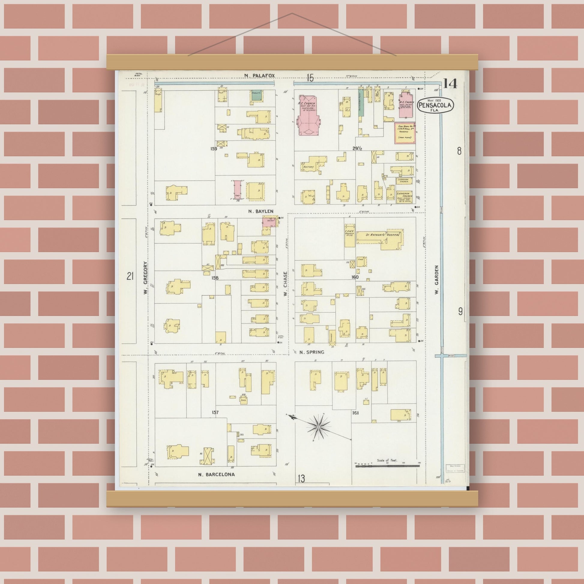 Old map wall art mockup — magnetic wood frame on brick wall — Sanborn Fire Insurance Map from Pensacola, Escambia County, Florida (1903), Sheet #0014