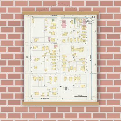 Old map wall art mockup — magnetic wood frame on brick wall — Sanborn Fire Insurance Map from Pensacola, Escambia County, Florida (1903), Sheet #0014