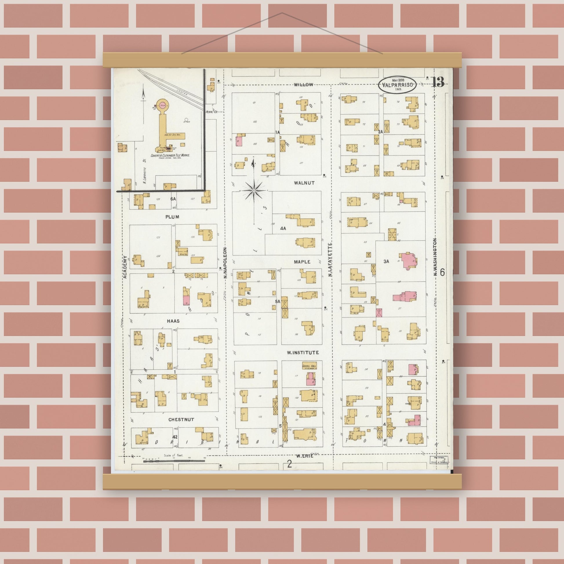 Old map wall art mockup — magnetic wood frame on brick wall — Sanborn Fire Insurance Map from Valparaiso, Porter County, Indiana (1899), Sheet #0013