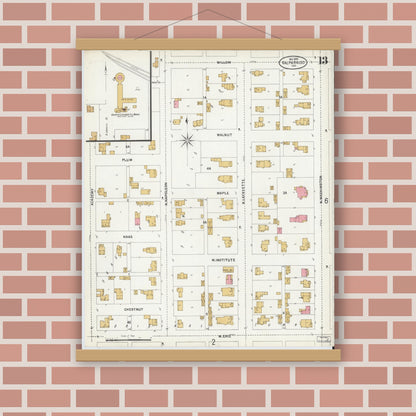 Old map wall art mockup — magnetic wood frame on brick wall — Sanborn Fire Insurance Map from Valparaiso, Porter County, Indiana (1899), Sheet #0013