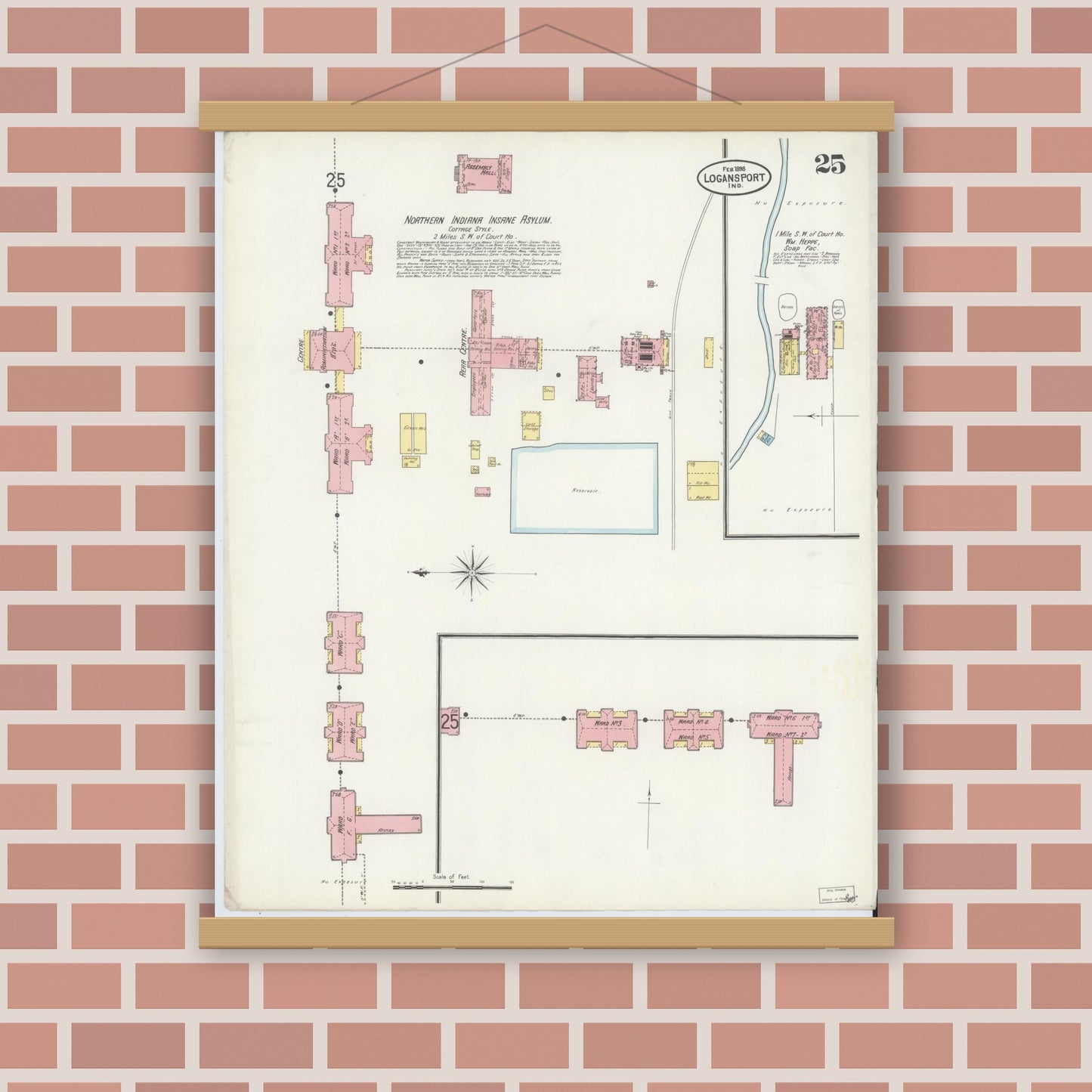 Old map wall art mockup — magnetic wood frame on brick wall — Sanborn Fire Insurance Map from Logansport, Cass County, Indiana (1898), Sheet #0025