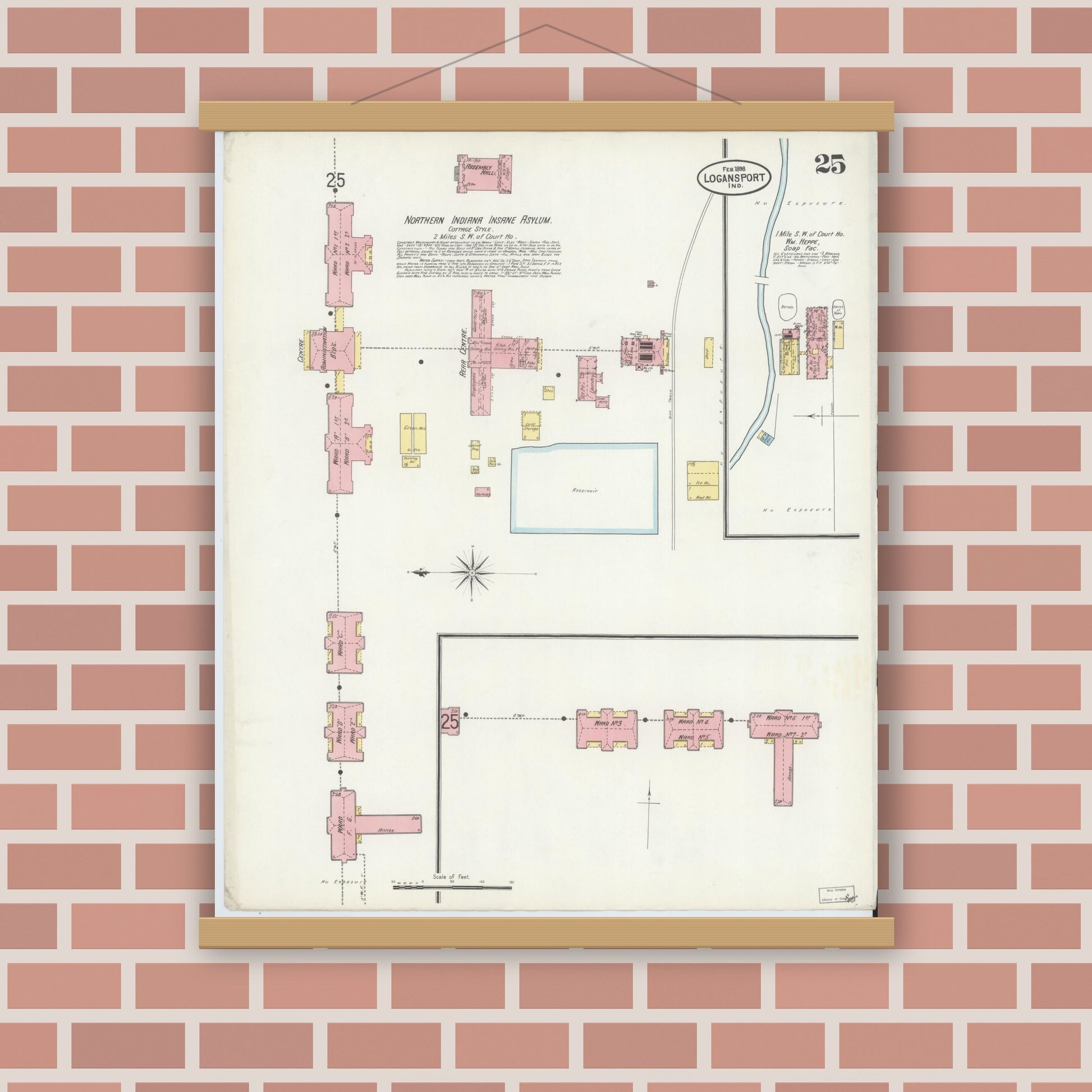 Old map wall art mockup — magnetic wood frame on brick wall — Sanborn Fire Insurance Map from Logansport, Cass County, Indiana (1898), Sheet #0025