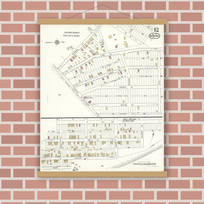 Old map wall art mockup — magnetic wood frame on brick wall — Sanborn Fire Insurance Map from Natrona, Allegheny County, Pennsylvania (1921), Sheet #0012