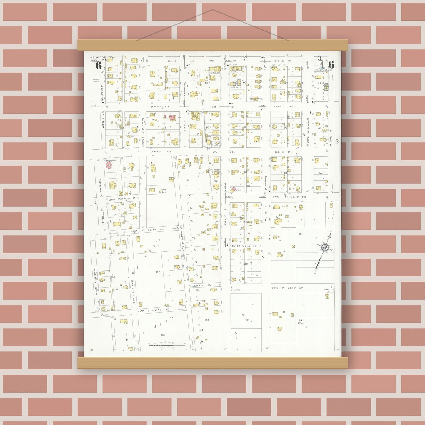 Old map wall art mockup — magnetic wood frame on brick wall — Sanborn Fire Insurance Map from McGregor, McLennan County, Texas (1932), Sheet #0006