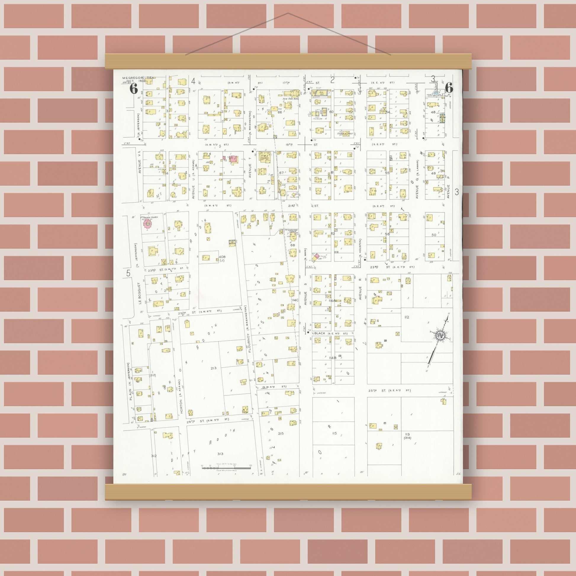 Old map wall art mockup — magnetic wood frame on brick wall — Sanborn Fire Insurance Map from McGregor, McLennan County, Texas (1932), Sheet #0006
