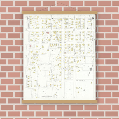 Old map wall art mockup — magnetic wood frame on brick wall — Sanborn Fire Insurance Map from McGregor, McLennan County, Texas (1932), Sheet #0006