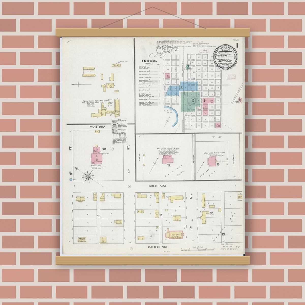 Old map wall art mockup — magnetic wood frame on brick wall — Sanborn Fire Insurance Map from Morris, Stevens County, Minnesota (1892) - Complete Map Set