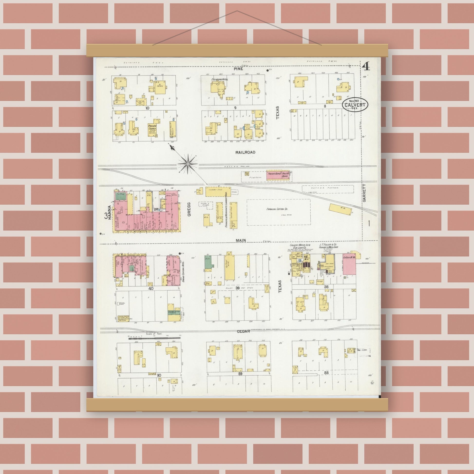 Old map wall art mockup — magnetic wood frame on brick wall — Sanborn Fire Insurance Map from Calvert, Robertson County, Texas (1901), Sheet #0004