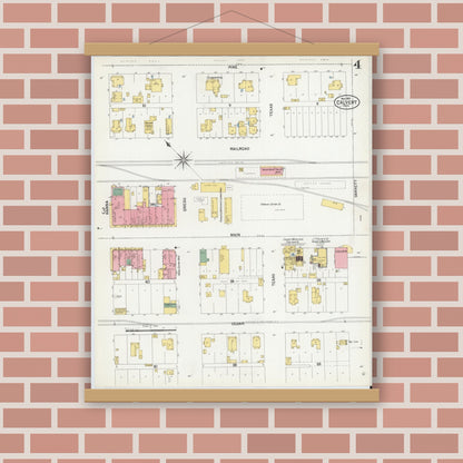 Old map wall art mockup — magnetic wood frame on brick wall — Sanborn Fire Insurance Map from Calvert, Robertson County, Texas (1901), Sheet #0004