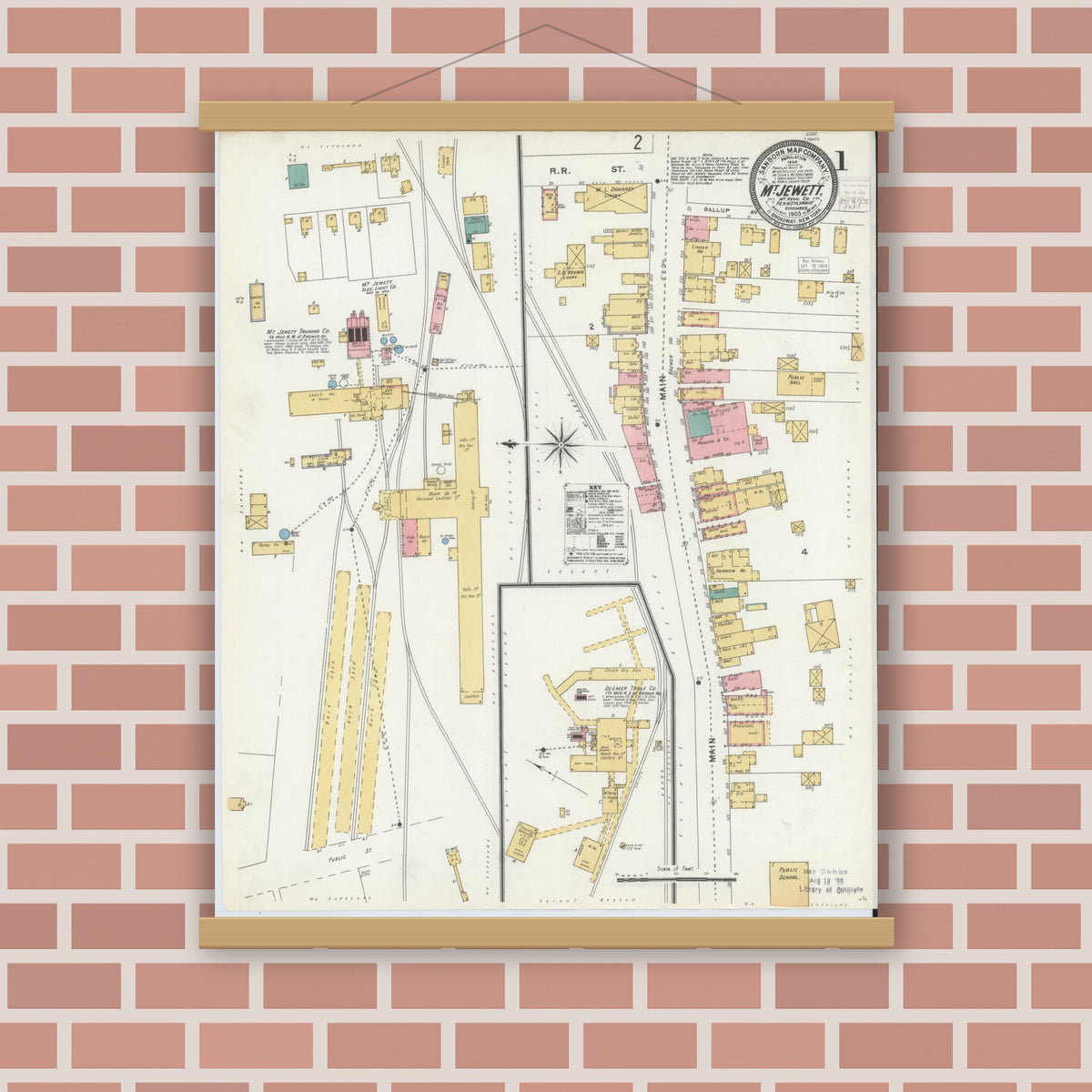 Old map wall art mockup — magnetic wood frame on brick wall — Sanborn Fire Insurance Map from Mount Jewett, McKean County, Pennsylvania (1903), Sheet #0001