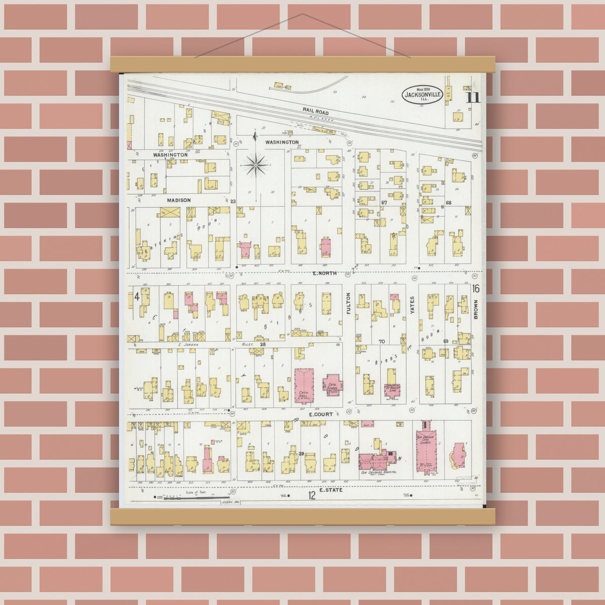 Old map wall art mockup — magnetic wood frame on brick wall — Sanborn Fire Insurance Map from Jacksonville, Morgan County, Illinois (1899), Sheet #0011