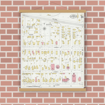 Old map wall art mockup — magnetic wood frame on brick wall — Sanborn Fire Insurance Map from Jacksonville, Morgan County, Illinois (1899), Sheet #0011