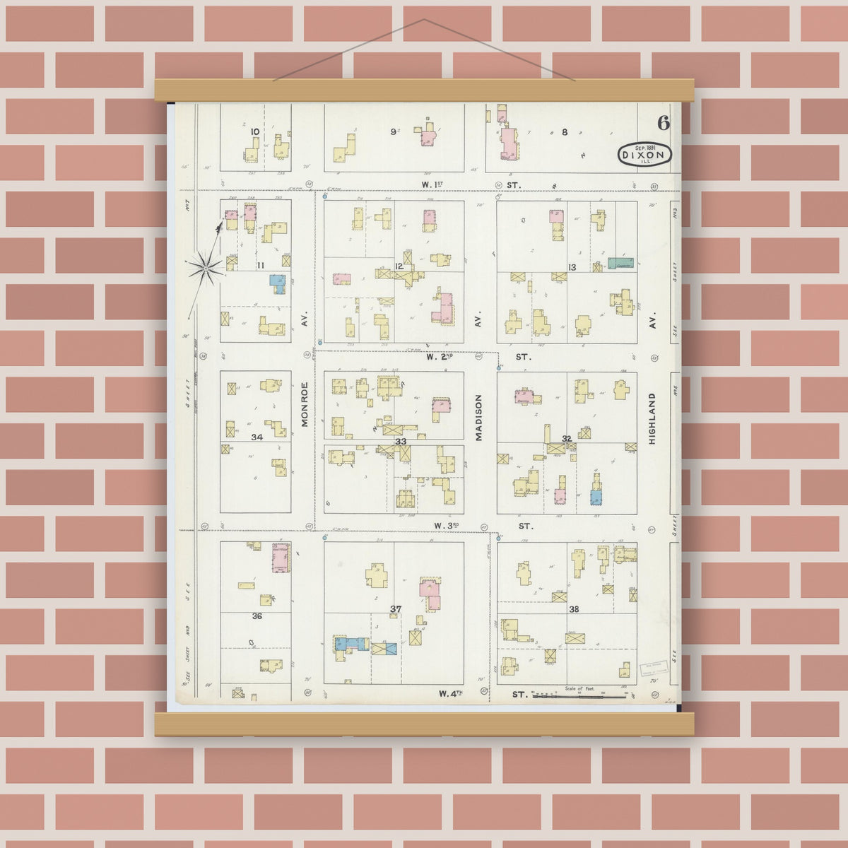 Old map wall art mockup — magnetic wood frame on brick wall — Sanborn Fire Insurance Map from Dixon, Lee County, Illinois (1891), Sheet #0006