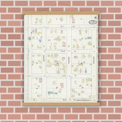 Old map wall art mockup — magnetic wood frame on brick wall — Sanborn Fire Insurance Map from Dixon, Lee County, Illinois (1891), Sheet #0006