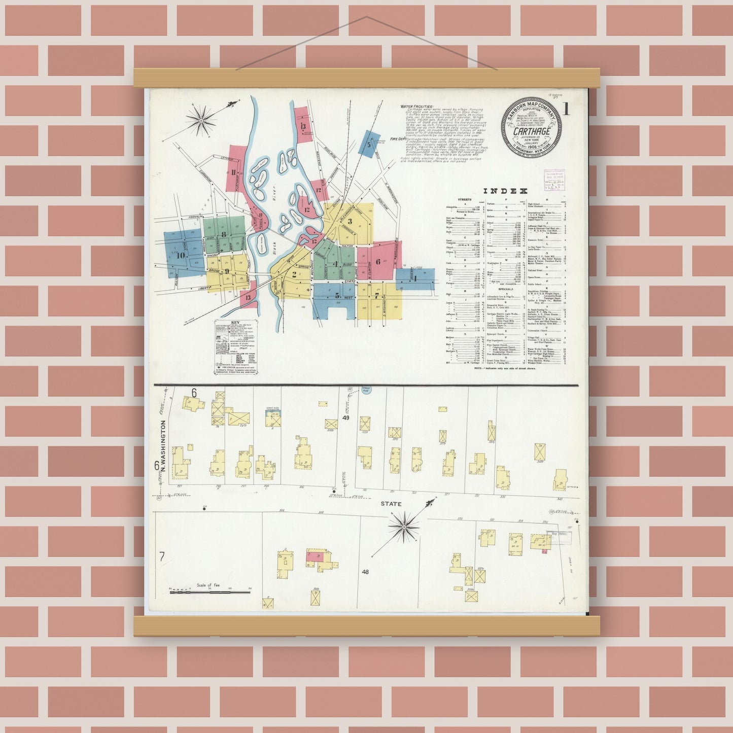 Old map wall art mockup — magnetic wood frame on brick wall — Sanborn Fire Insurance Map from Carthage, Jefferson County, New York (1908), Sheet #0001