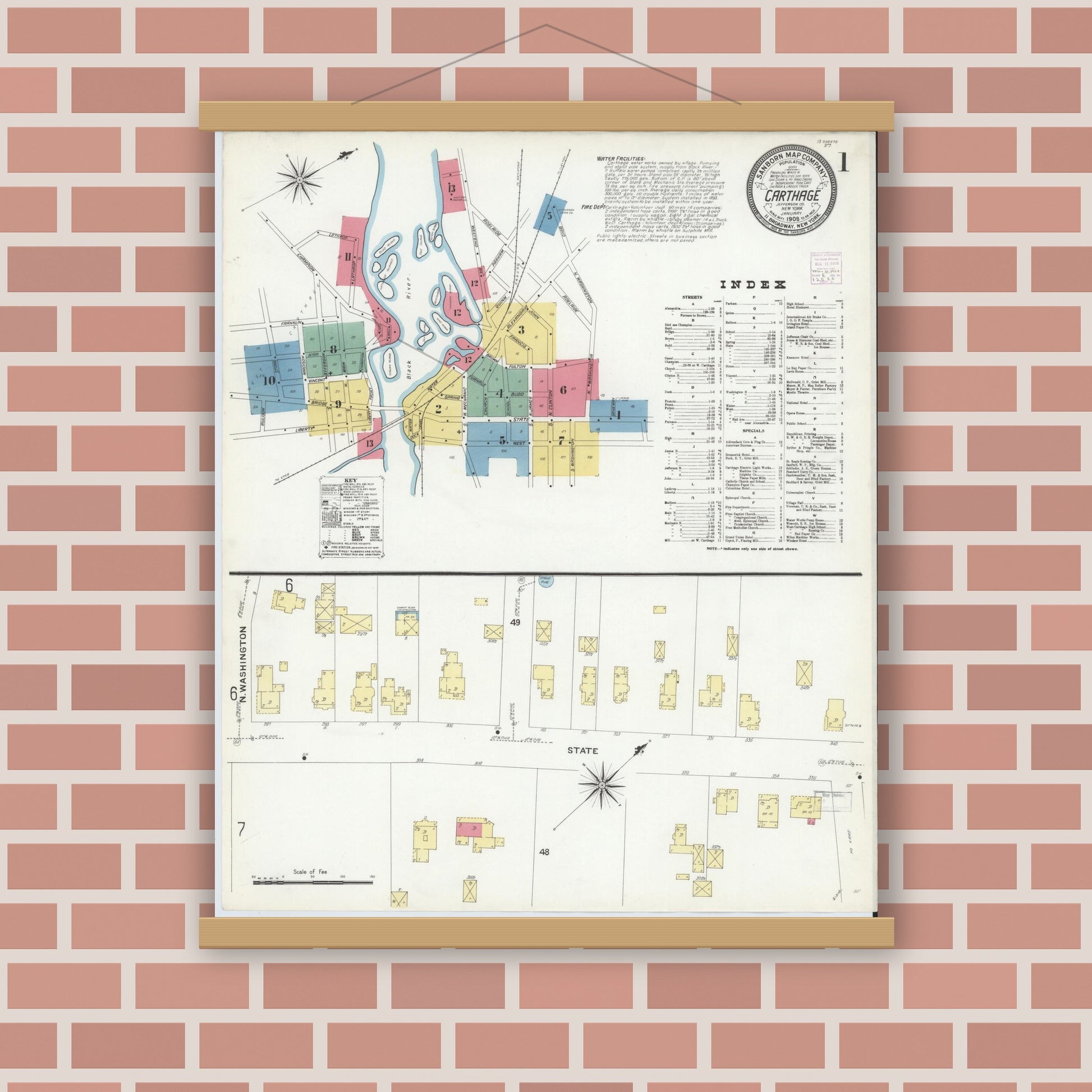Old map wall art mockup — magnetic wood frame on brick wall — Sanborn Fire Insurance Map from Carthage, Jefferson County, New York (1908), Sheet #0001
