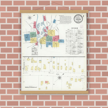 Old map wall art mockup — magnetic wood frame on brick wall — Sanborn Fire Insurance Map from Carthage, Jefferson County, New York (1908), Sheet #0001