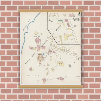 Old map wall art mockup — magnetic wood frame on brick wall — Sanborn Fire Insurance Map from Hampton, Independent Cities, Virginia (1885), Sheet #0004