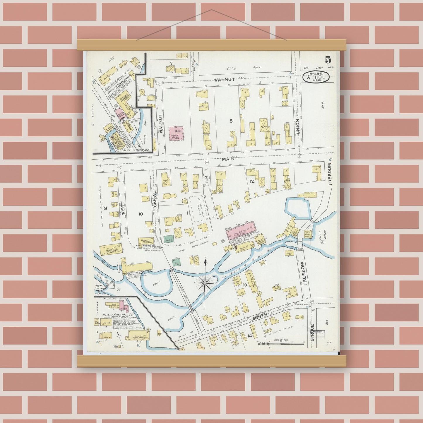 Old map wall art mockup — magnetic wood frame on brick wall — Sanborn Fire Insurance Map from Athol, Worcester County, Massachusetts (1892), Sheet #0005