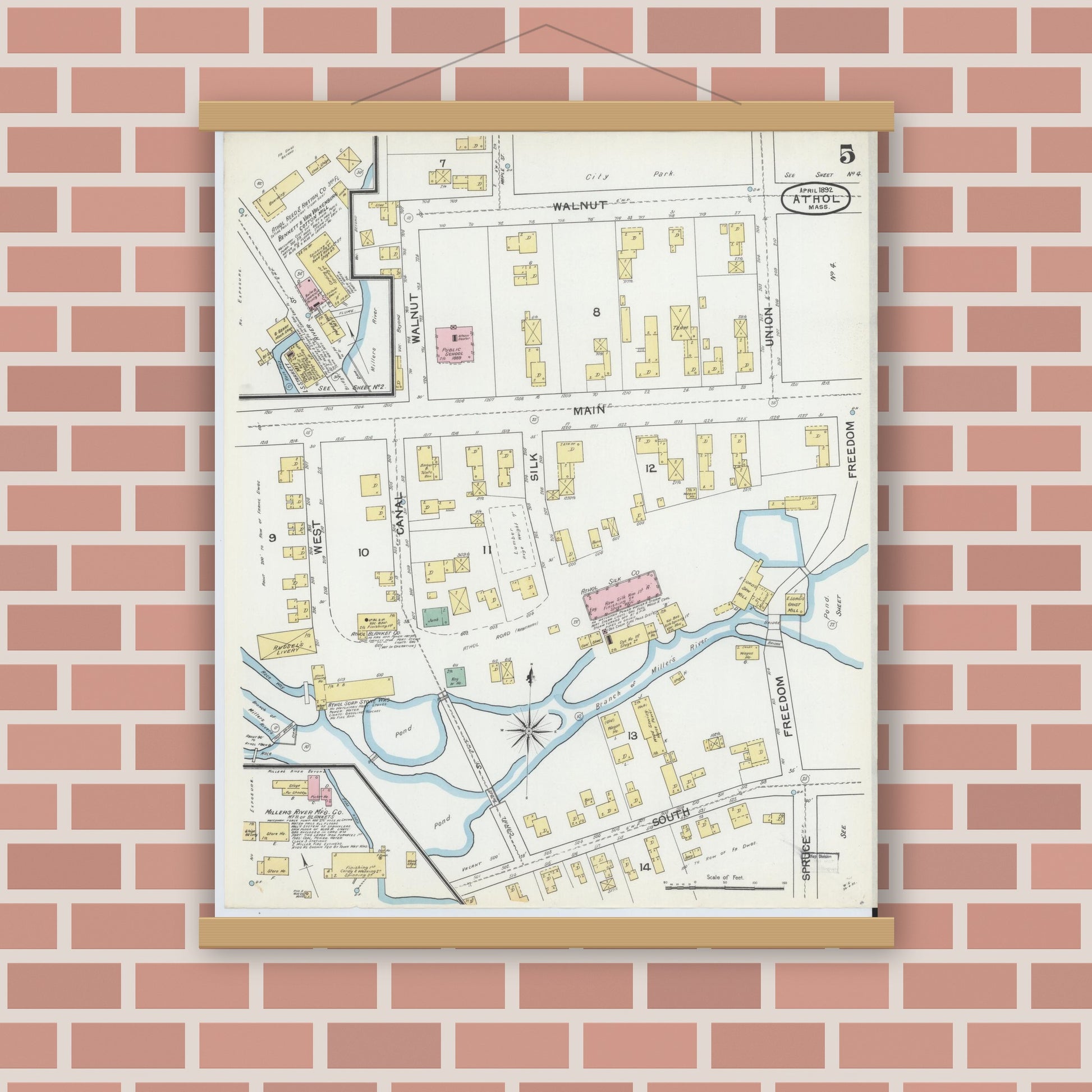 Old map wall art mockup — magnetic wood frame on brick wall — Sanborn Fire Insurance Map from Athol, Worcester County, Massachusetts (1892), Sheet #0005