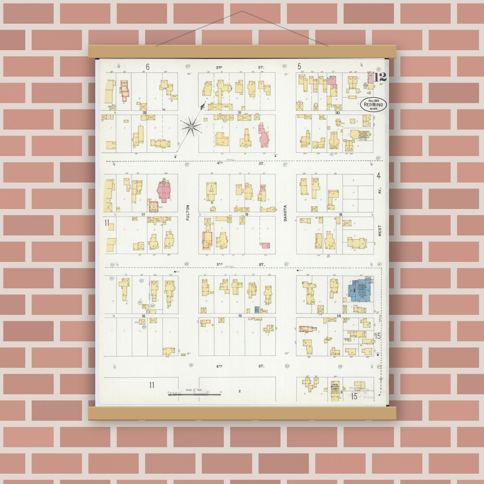Old map wall art mockup — magnetic wood frame on brick wall — Sanborn Fire Insurance Map from Red Wing, Goodhue County, Minnesota (1902), Sheet #0012