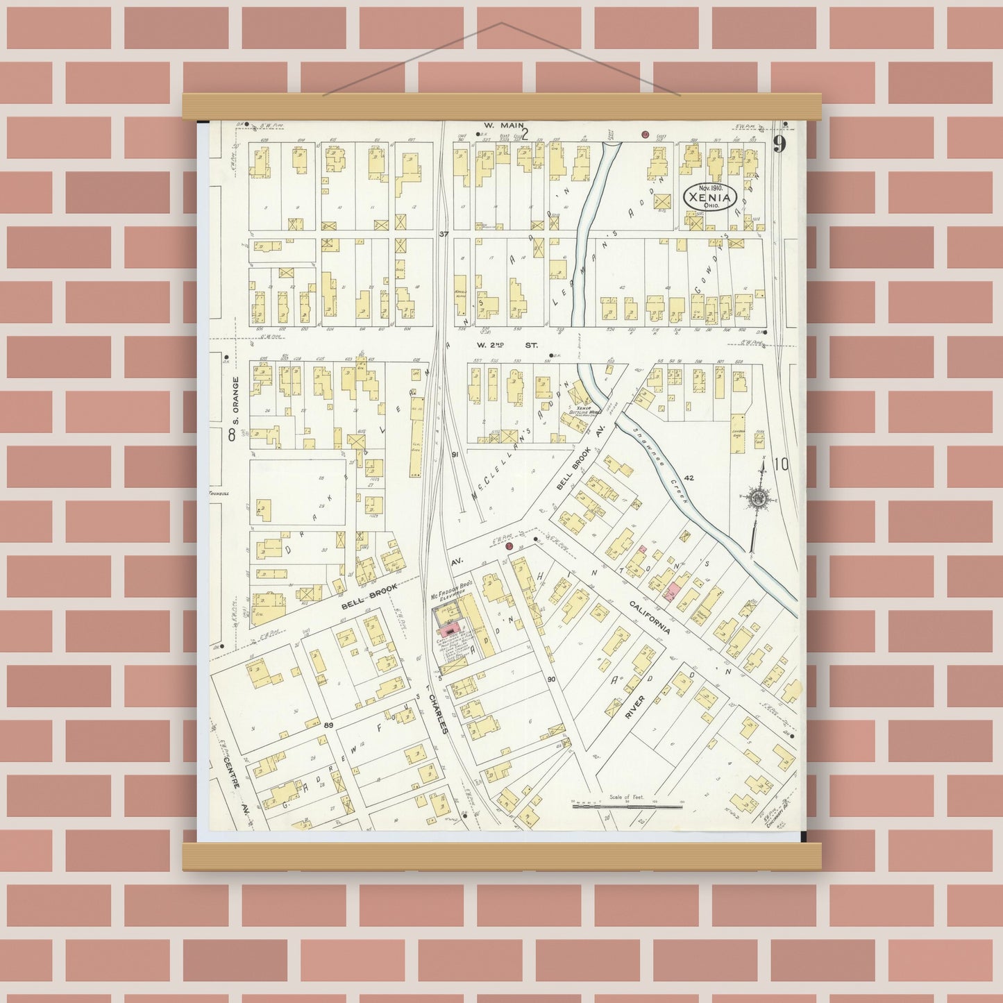 Old map wall art mockup — magnetic wood frame on brick wall — Sanborn Fire Insurance Map from Xenia, Greene County, Ohio (1910), Sheet #0009