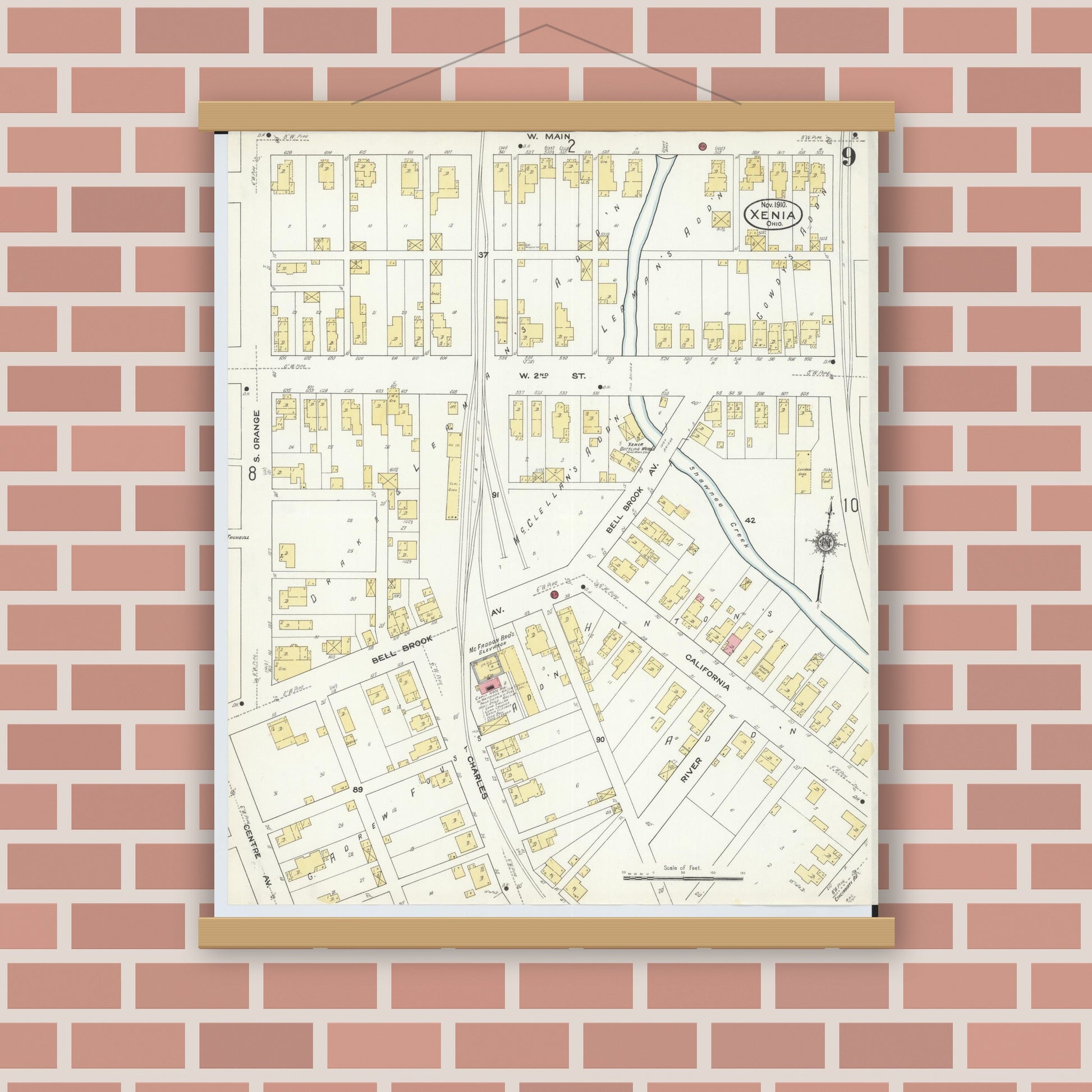 Old map wall art mockup — magnetic wood frame on brick wall — Sanborn Fire Insurance Map from Xenia, Greene County, Ohio (1910), Sheet #0009