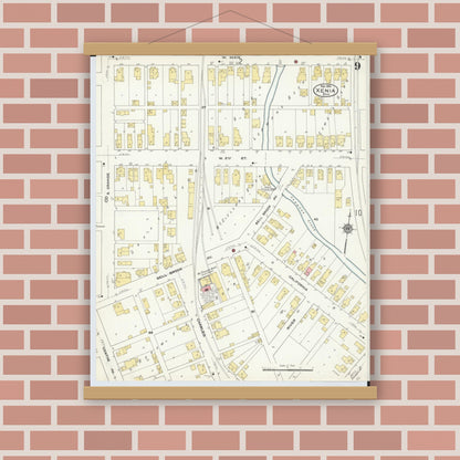 Old map wall art mockup — magnetic wood frame on brick wall — Sanborn Fire Insurance Map from Xenia, Greene County, Ohio (1910), Sheet #0009