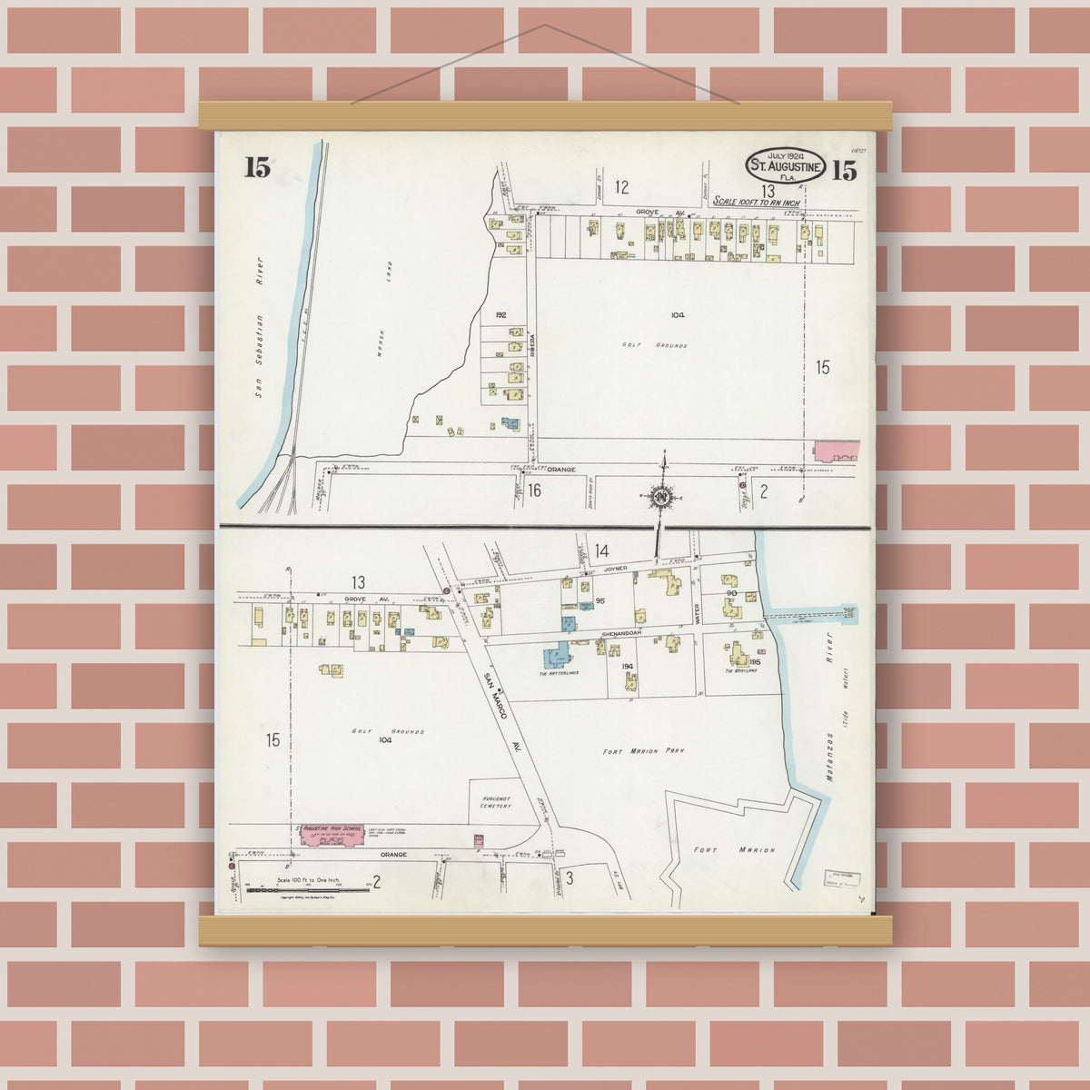 Old map wall art mockup — magnetic wood frame on brick wall — Sanborn Fire Insurance Map from Saint Augustine, Saint John's County, Florida (1924), Sheet #0015