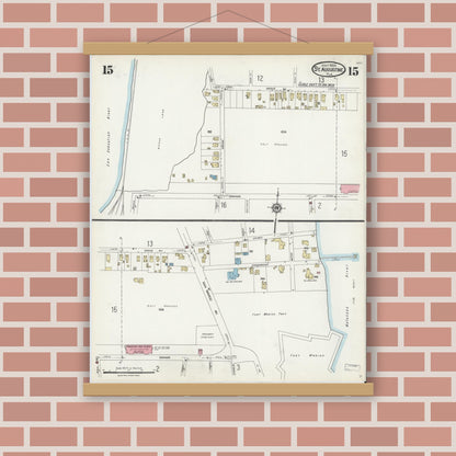 Old map wall art mockup — magnetic wood frame on brick wall — Sanborn Fire Insurance Map from Saint Augustine, Saint John's County, Florida (1924), Sheet #0015