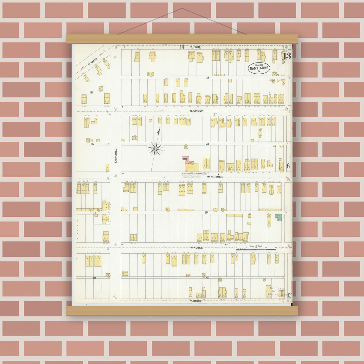 Old map wall art mockup — magnetic wood frame on brick wall — Sanborn Fire Insurance Map from Nanticoke, Luzerne County, Pennsylvania (1903), Sheet #0013