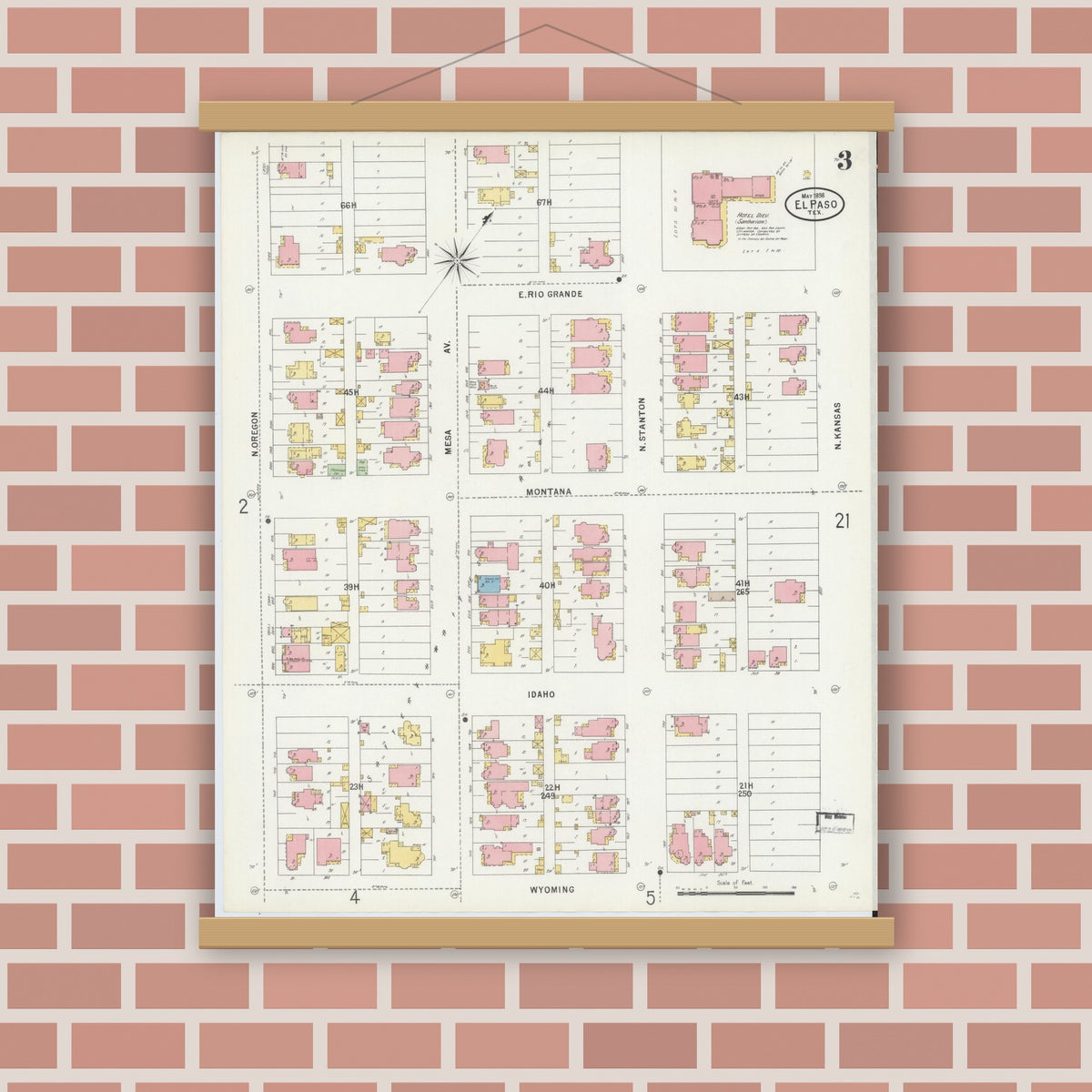 Old map wall art mockup — magnetic wood frame on brick wall — Sanborn Fire Insurance Map from El Paso, El Paso County, Texas (1898), Sheet #0003