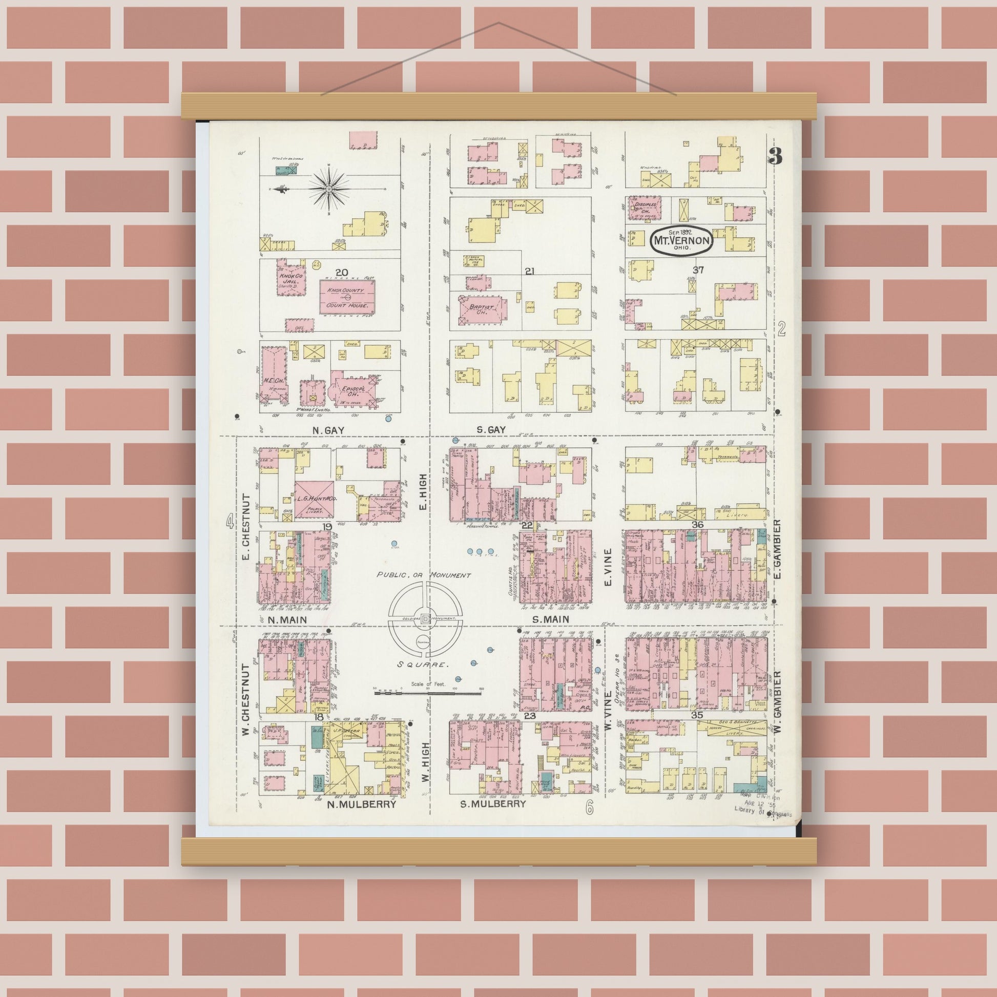 Old map wall art mockup — magnetic wood frame on brick wall — Sanborn Fire Insurance Map from Mount Vernon, Knox County, Ohio (1892), Sheet #0003