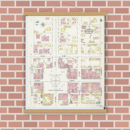 Old map wall art mockup — magnetic wood frame on brick wall — Sanborn Fire Insurance Map from Mount Vernon, Knox County, Ohio (1892), Sheet #0003