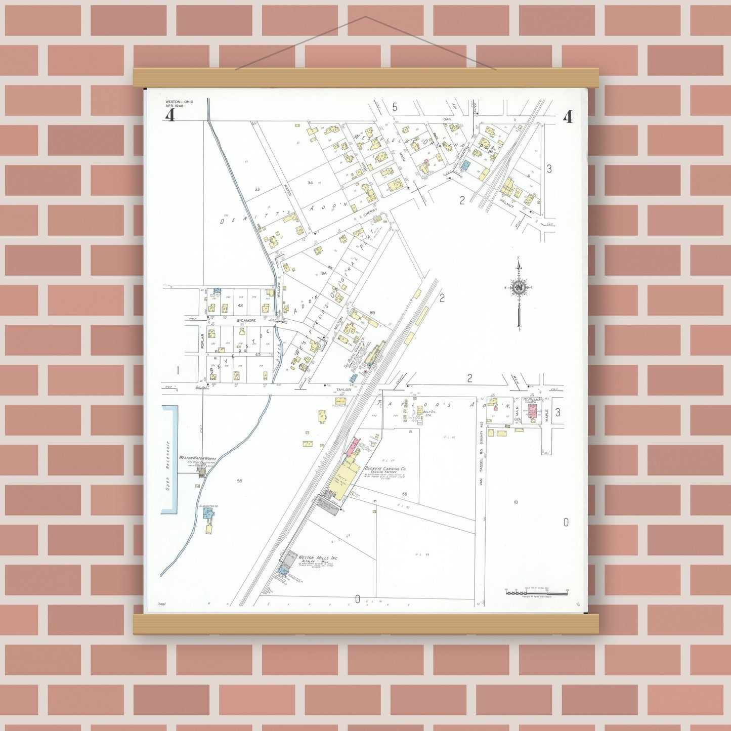 Old map wall art mockup — magnetic wood frame on brick wall — Sanborn Fire Insurance Map from Weston, Wood County, Ohio (1948), Sheet #0004