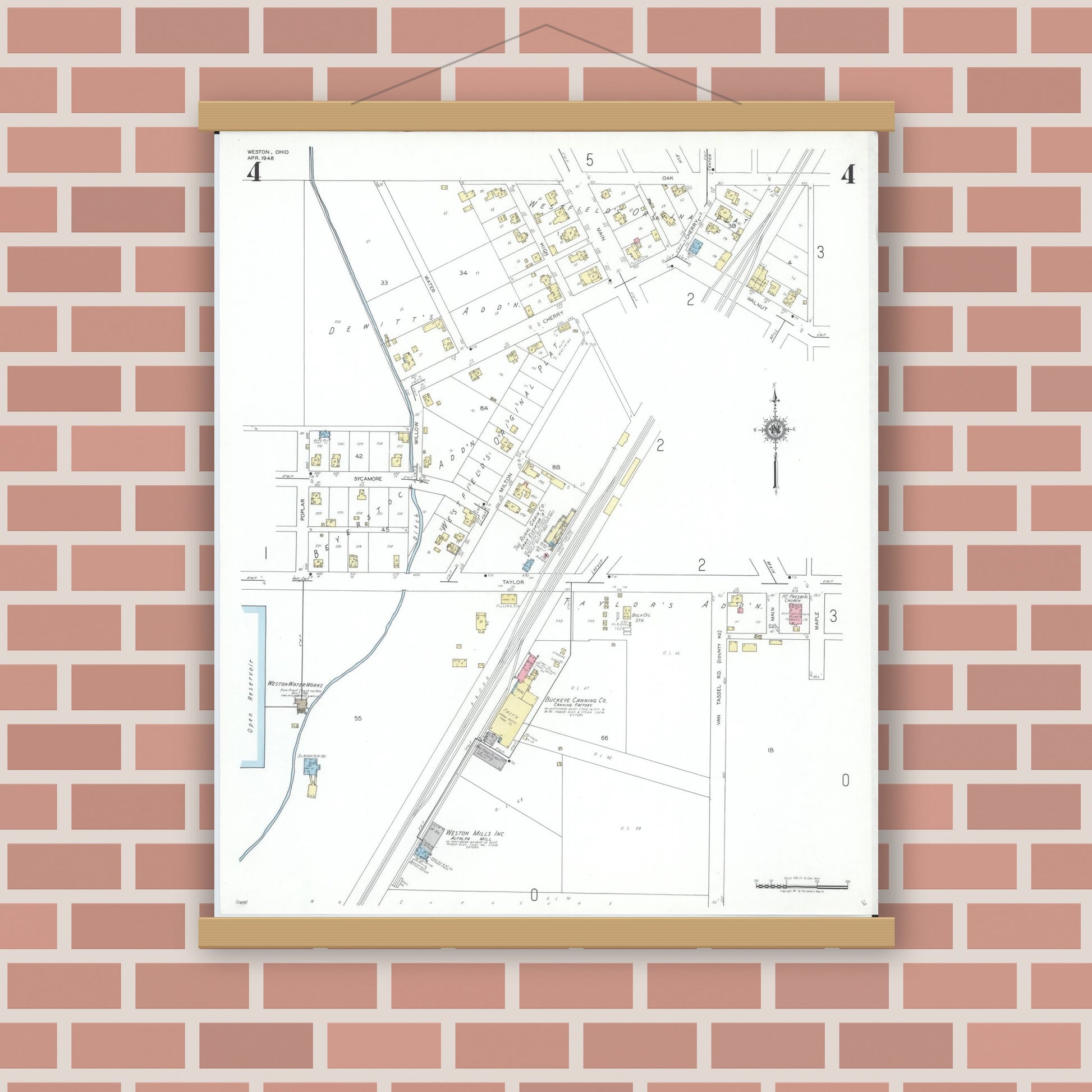Old map wall art mockup — magnetic wood frame on brick wall — Sanborn Fire Insurance Map from Weston, Wood County, Ohio (1948), Sheet #0004