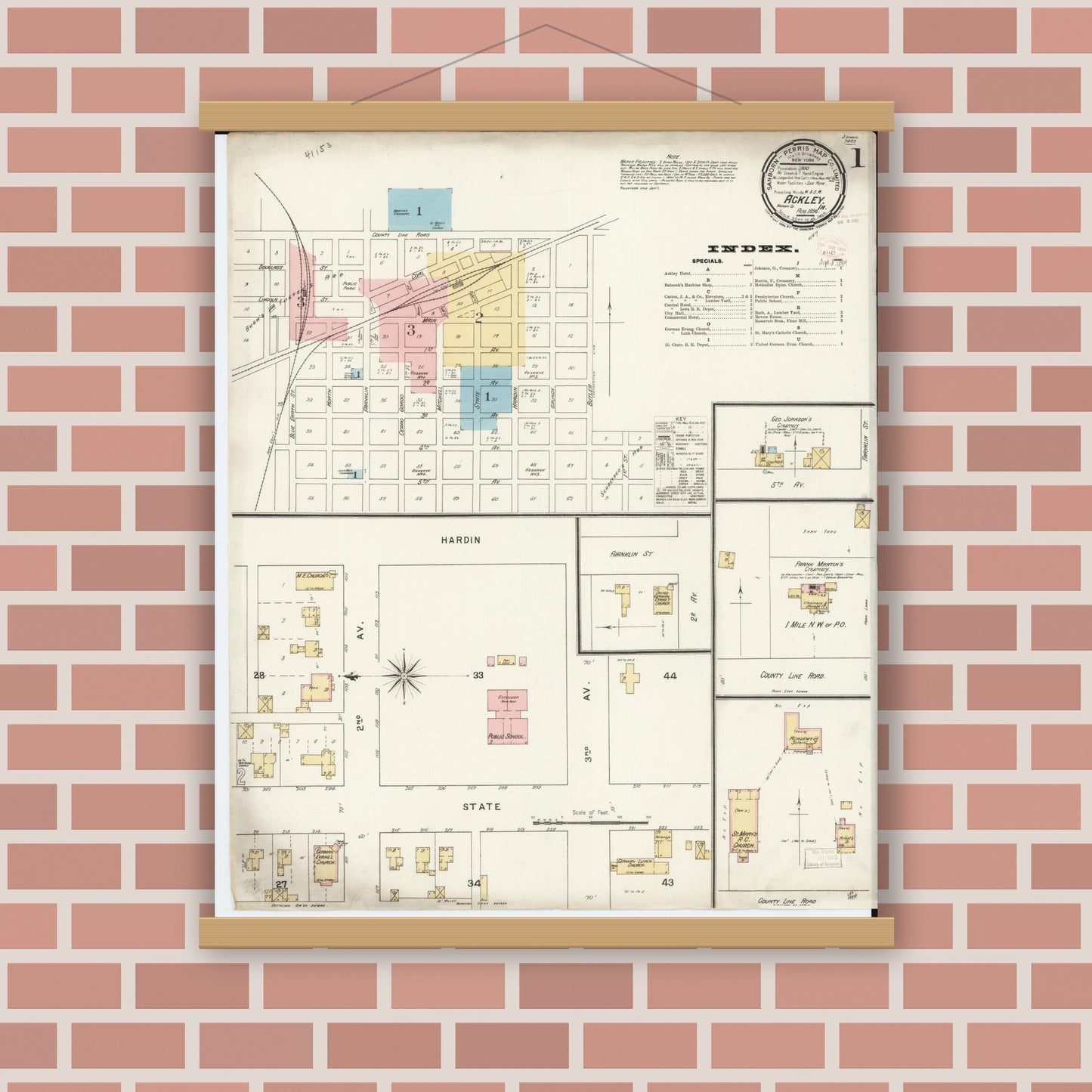 Old map wall art mockup — magnetic wood frame on brick wall — Sanborn Fire Insurance Map from Ackley, Hardin and Franklin Counties, Iowa (1894) â€” Complete Set