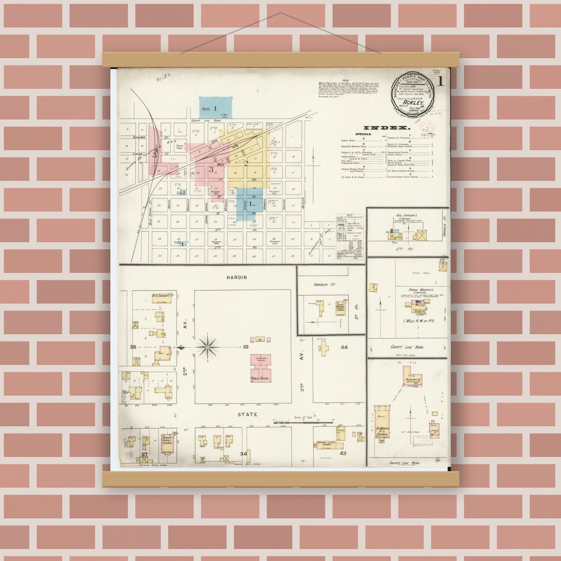 Old map wall art mockup — magnetic wood frame on brick wall — Sanborn Fire Insurance Map from Ackley, Hardin and Franklin Counties, Iowa (1894) â€” Complete Set