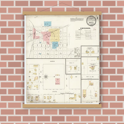 Old map wall art mockup — magnetic wood frame on brick wall — Sanborn Fire Insurance Map from Ackley, Hardin and Franklin Counties, Iowa (1894) â€” Complete Set