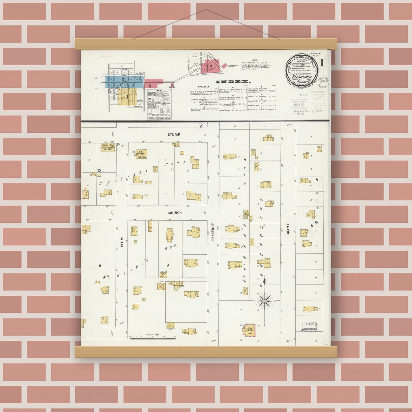 Old map wall art mockup — magnetic wood frame on brick wall — Sanborn Fire Insurance Map from Ellsworth, Pierce County, Wisconsin (1900) - Complete Map Set