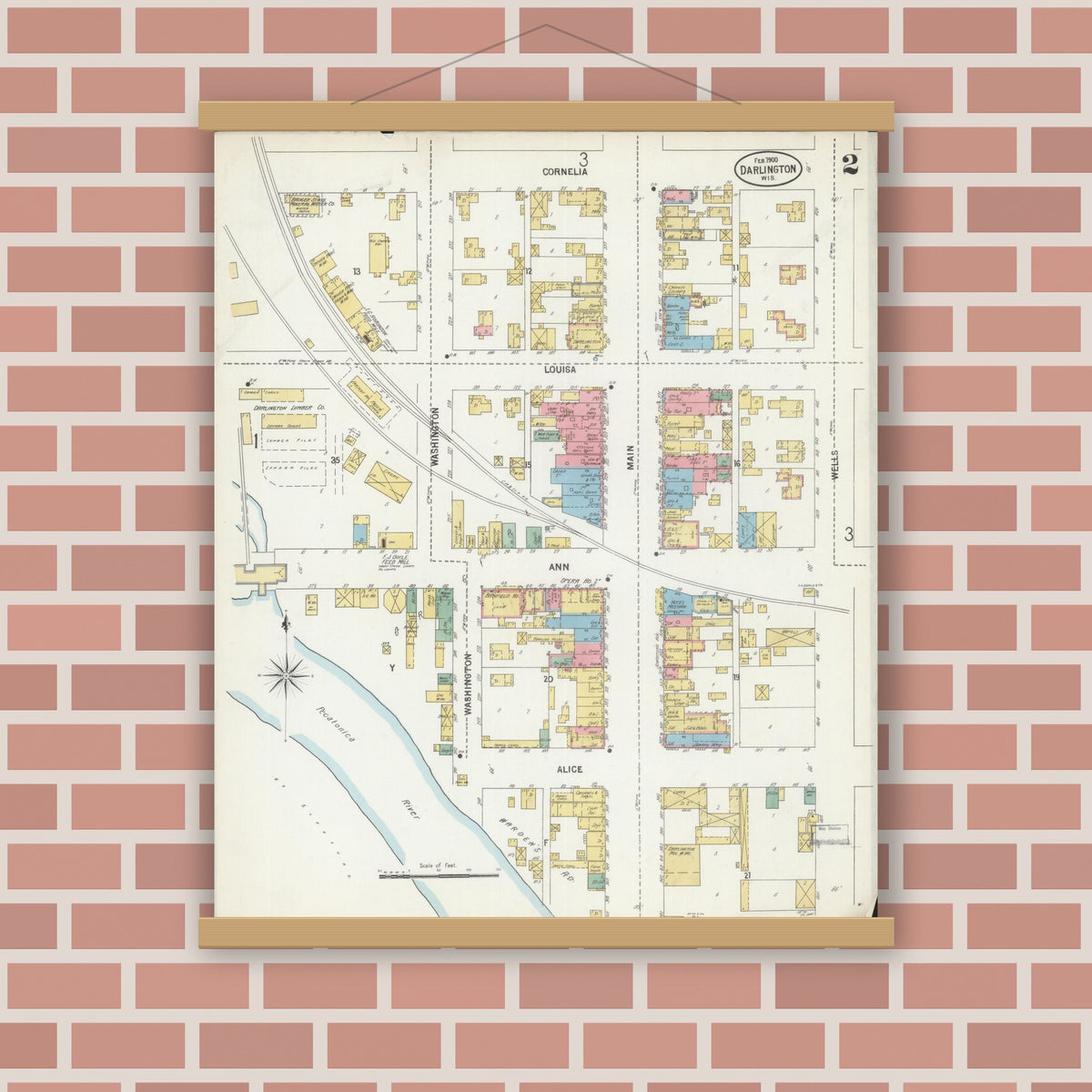 Old map wall art mockup — magnetic wood frame on brick wall — Sanborn Fire Insurance Map from Darlington, Lafayette County, Wisconsin (1900), Sheet #0002