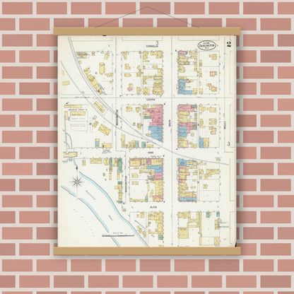 Old map wall art mockup — magnetic wood frame on brick wall — Sanborn Fire Insurance Map from Darlington, Lafayette County, Wisconsin (1900), Sheet #0002