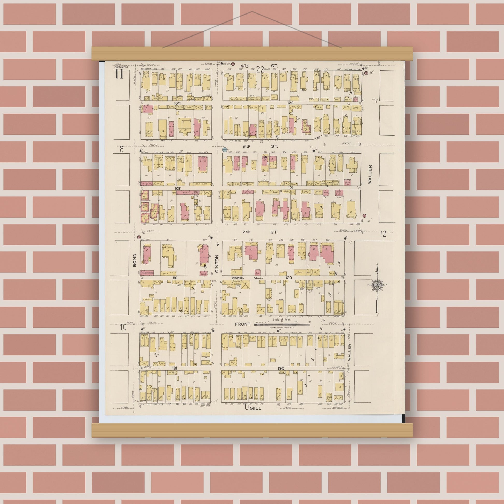 Old map wall art mockup — magnetic wood frame on brick wall — Sanborn Fire Insurance Map from Portsmouth, Scioto County, Ohio (1921), Sheet #0011
